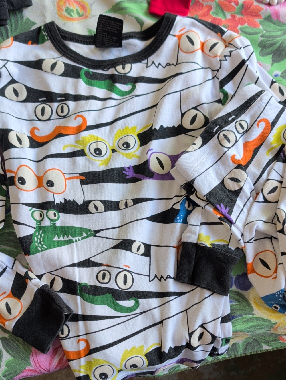 Kids Pajama Set with Playful Monster Faces - White & Black